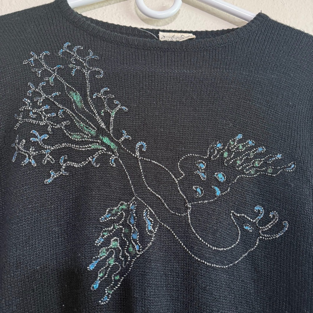 Vtg‎ Jonathan Logan Sweater Women's Small Black Smocked Waist Peacock Embroider